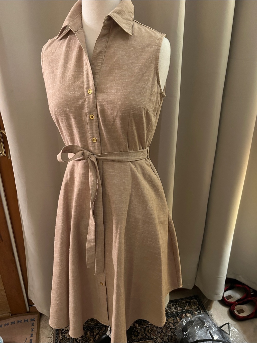 Sharagano Sleeveless Shirt Dress with Waist Tie - Beige